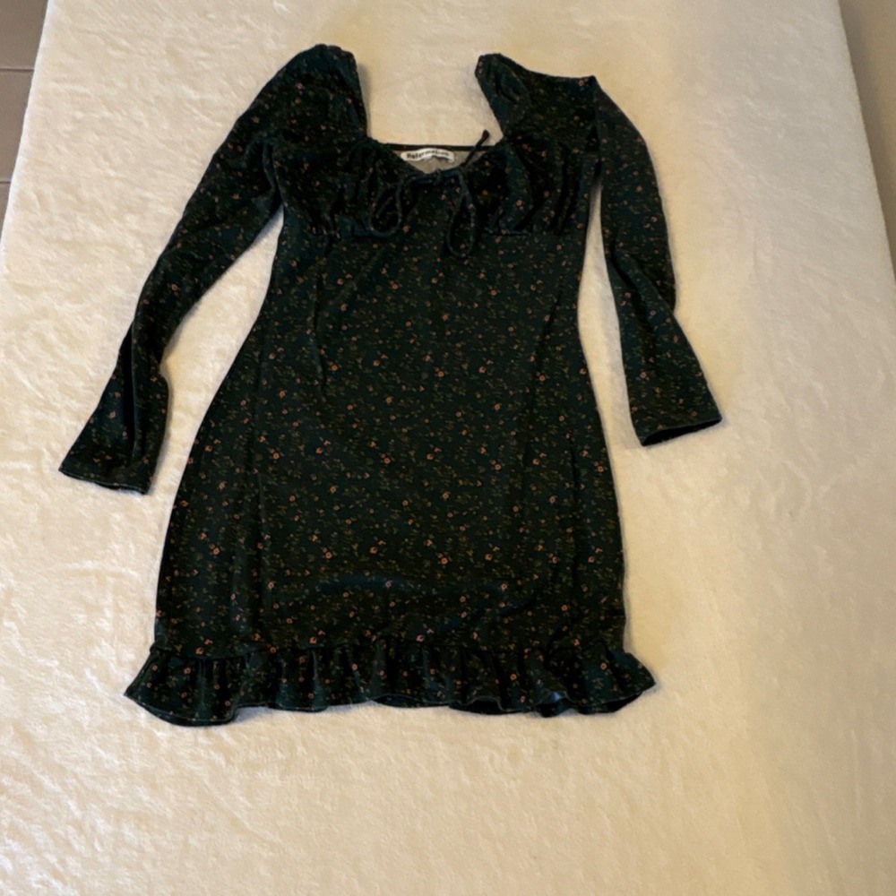 Reformation Dark Green Floral Long Sleeve Square Neck Fit & Flare Mini Dress S